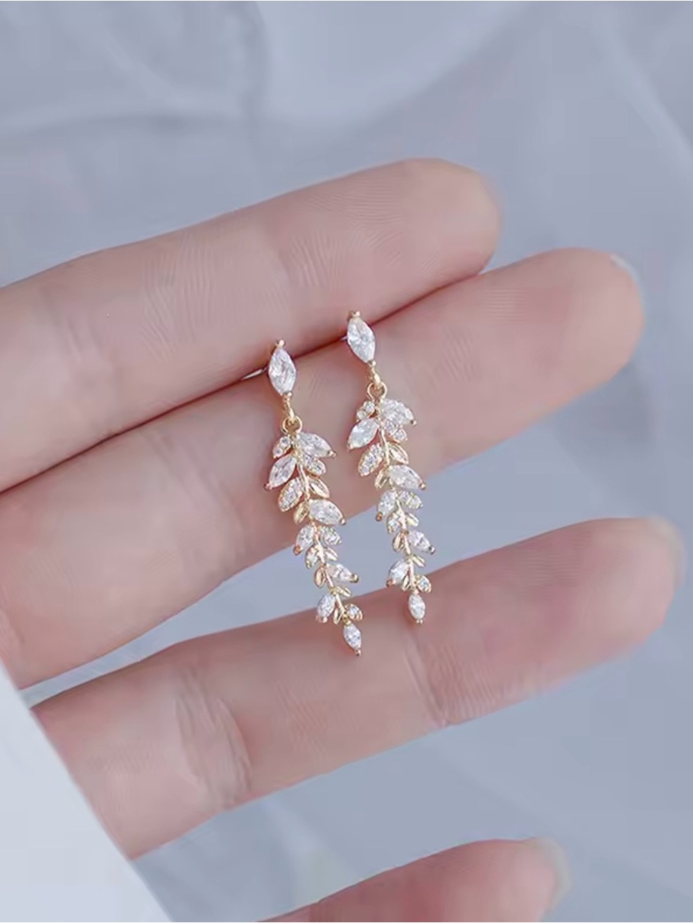 Delicate Gold Leaf Drop Earrings with Clear Stones - Women Jewelry for wedding